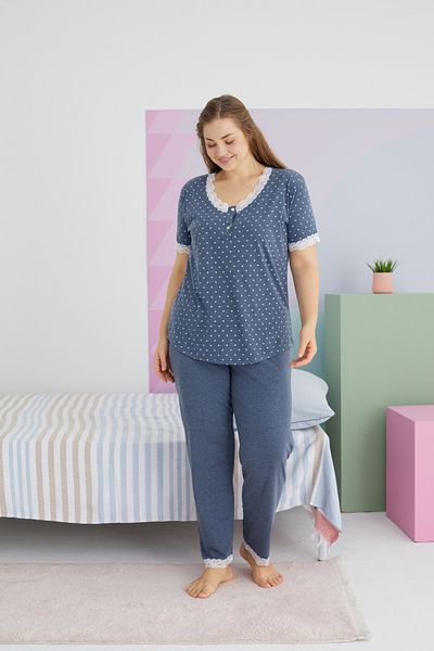 Siyah İnci Large Size Oversize Indigo Cotton Pajama Set - Buttoned Curve Design