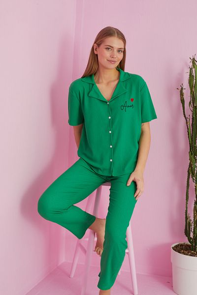 Siyah İnci Green Buttoned Crinkle Knitted Pajama Set