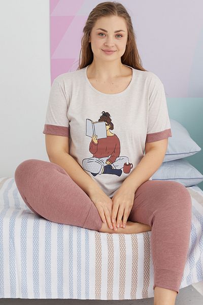 Siyah İnci Beige Melange Curve Large Size Cotton Knitted Pajamas Set
