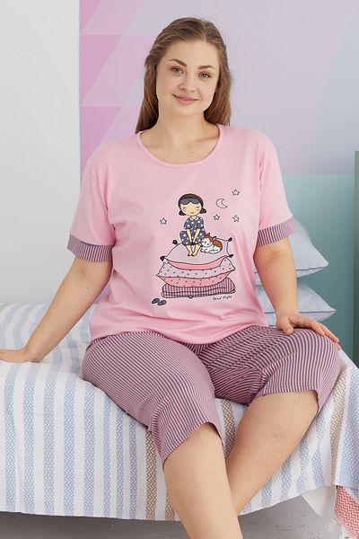 Siyah İnci Plus Size King Size Cotton Curve Capri Σετ - Πολύχρωμο