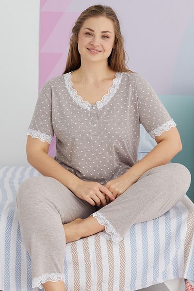 Siyah İnci Mink Colored Oversize Curve Pajama Set - Buttoned, Cotton, Large Size