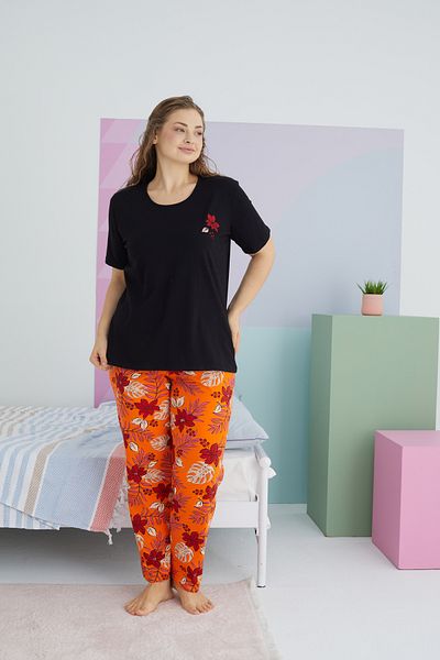 Siyah İnci Large Size Oversize Cotton Knitted Pajamas Set - Multicolor Curve