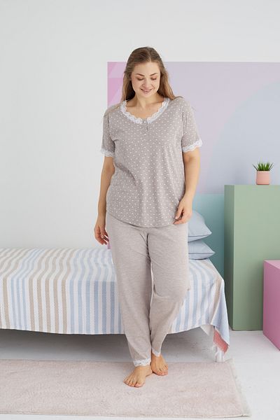 Siyah İnci Mink Colored Oversize Curve Pajama Set - Buttoned, Cotton, Large Size