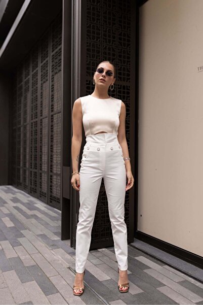 FABB Ekru Ekstra Yüksek Bel Düğme Detaylı Pantolon