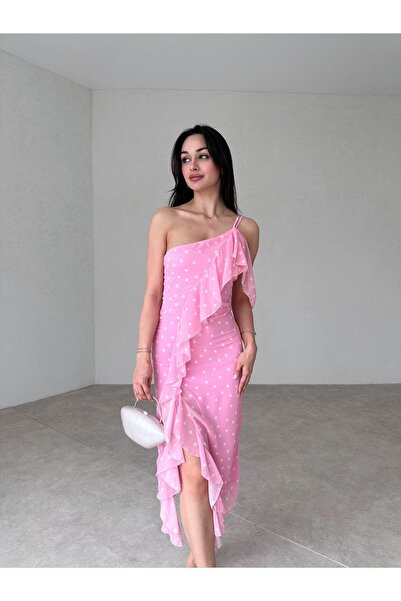 popibutik TEK OMUZ FIRFIRLI PEMBE MİDİ BOY ŞİFON ELBİSE
