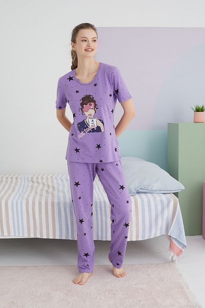 Siyah İnci Multicolor Cotton Knitted Pajamas Set