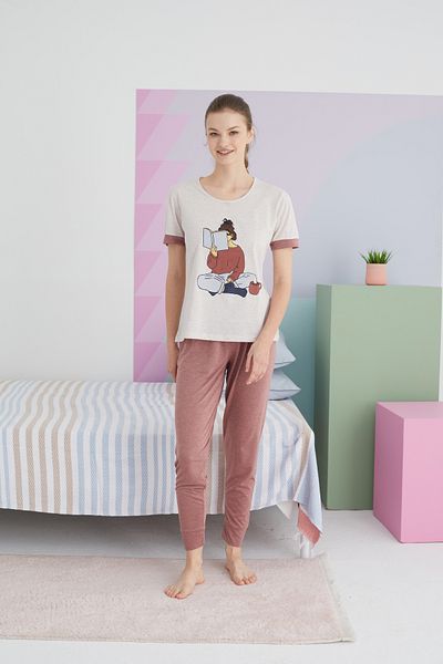 Siyah İnci Beige and Melange Colored Knitted Pajama Set
