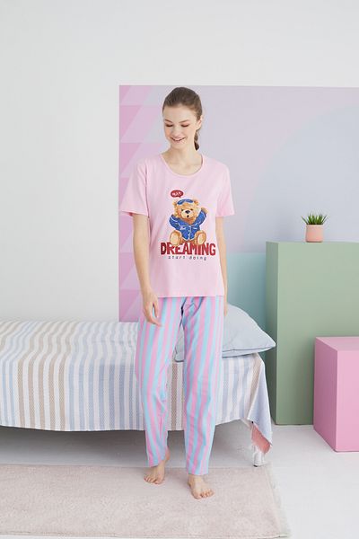 Siyah İnci Colorful Cotton Knitted Pajama Set
