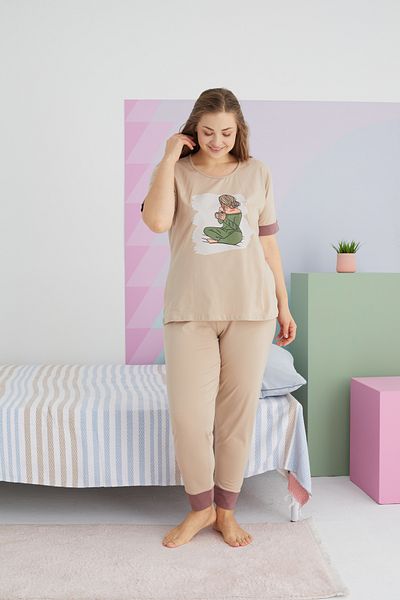 Siyah İnci Plus Size Curve Cotton Knitted Pajama Set - Stone Color