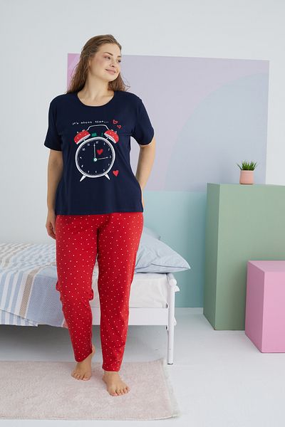 Siyah İnci Large Size Oversize Cotton Knitted Pajamas Set - Multicolor Curve
