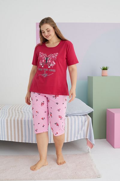 Siyah İnci Large Size Oversize Cotton Curve Capri Set - Multicolored