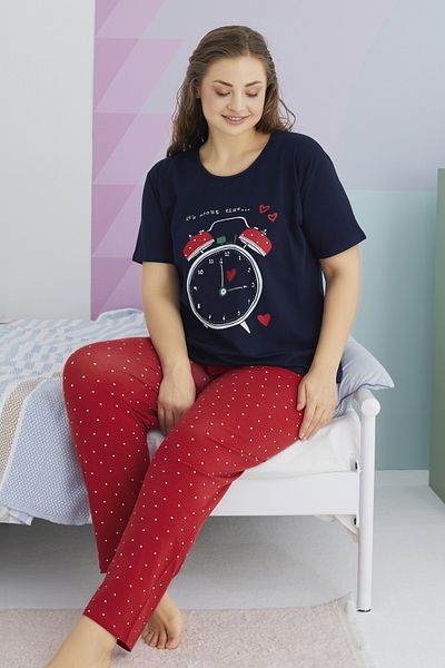 Siyah İnci Large Size Oversize Cotton Knitted Pajamas Set - Multicolor Curve