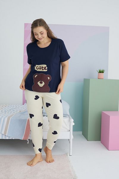 Siyah İnci Large Size Oversize Cotton Knitted Pajamas Set - Multicolor Curve