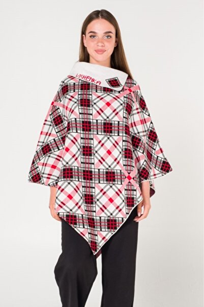 VISHENKA Kadın Kırmızı Beyaz Kalın Ekose Panço