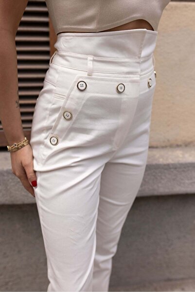 FABB Ekru Ekstra Yüksek Bel Düğme Detaylı Pantolon