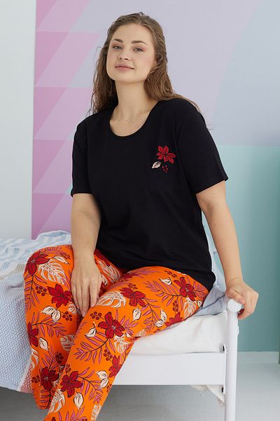 Siyah İnci Large Size Oversize Cotton Knitted Pajamas Set - Multicolor Curve
