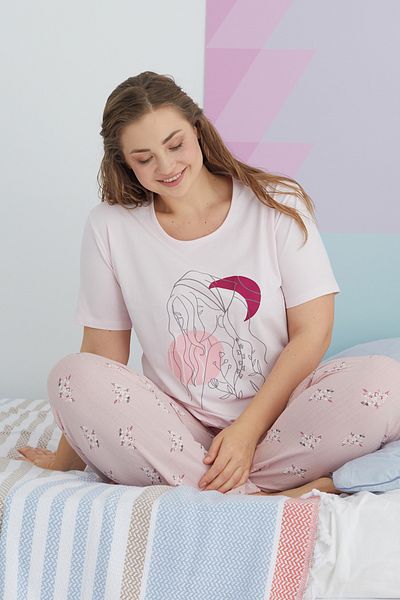Siyah İnci Large Size Oversize Knitted Cotton Pajamas Set - Multicolored Curve