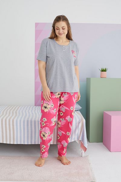 Siyah İnci Large Size Oversize Cotton Knitted Pajamas Set - Multicolor Curve