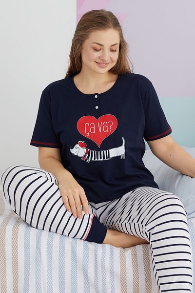 Siyah İnci Large Size Oversize Cotton Knitted Pajamas Set - Multicolor Curve