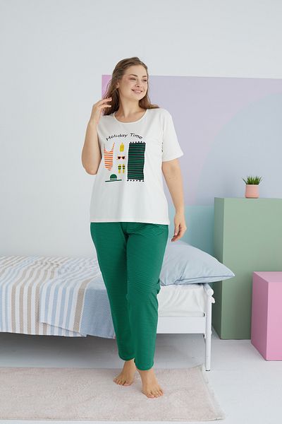Siyah İnci Large Size Oversize Cotton Knitted Pajamas Set - Multicolor Curve