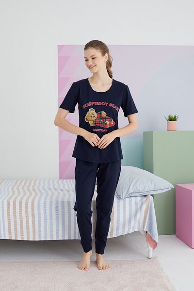 Siyah İnci Cotton Knitted Navy Blue Pajama Set