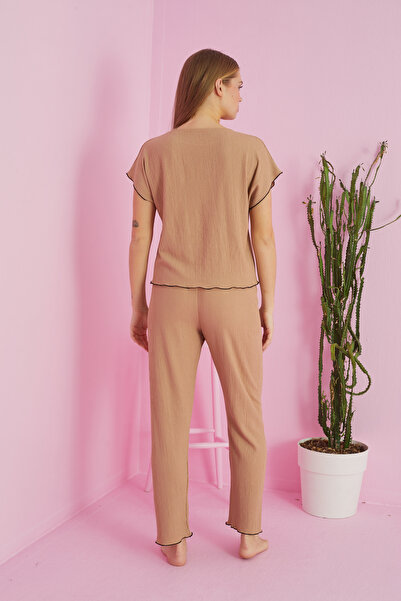 Siyah İnci Knitted Pajama Set - Mink Crinkle Fabric