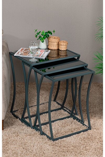 tino furniture Monreal 3'lü Füme Aynalı Zigon Servis Sehpa