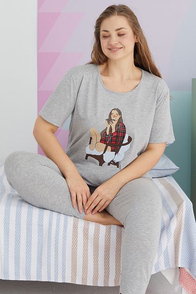 Siyah İnci Large Size Oversize Cotton Knitted Pajamas Set - Multicolor Curve