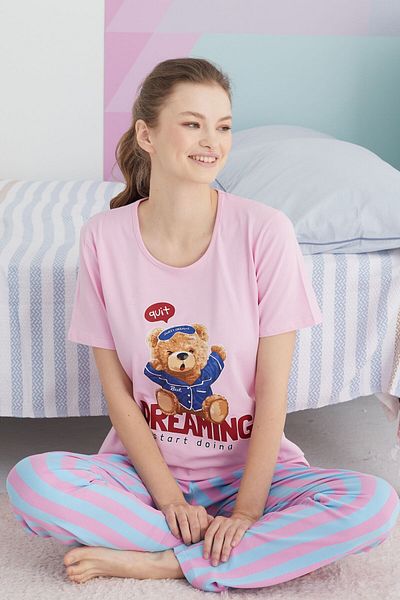 Siyah İnci Colorful Cotton Knitted Pajama Set