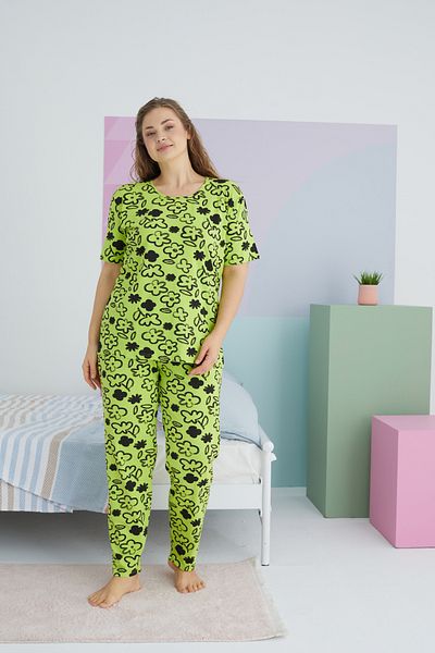 Siyah İnci Large Size Oversize Cotton Knitted Pajamas Set - Multicolor Curve