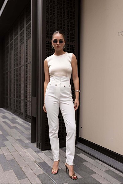 FABB Ekru Ekstra Yüksek Bel Düğme Detaylı Pantolon