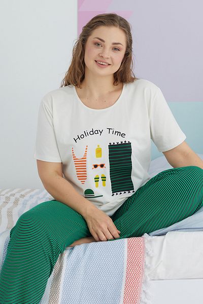 Siyah İnci Large Size Oversize Cotton Knitted Pajamas Set - Multicolor Curve