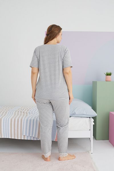 Siyah İnci Σετ Πιτζάμες Πλεκτό Βαμβακερό Γκρι Curve Plus Size - King Size