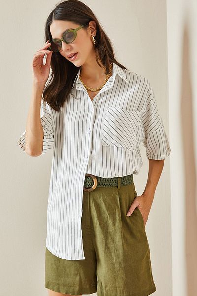 XHAN Single Pocket White Striped Shirt - 5YXK2-48637-01