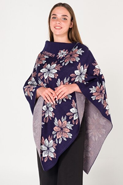 VISHENKA Kadın Mavi Kalın Çiçekli Triko Panço