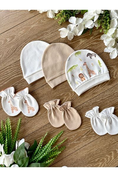 PATSAN Organic 6-Piece Newborn Baby Gloves Hat Set Giraffe Lion Chameleon