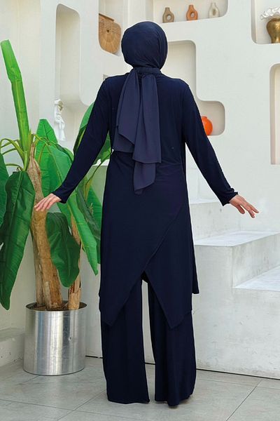 Bym Fashion Σετ χιτώνα και παντελόνι με γιακά σάλι ασύμμετρο μπλε Navy - 8552