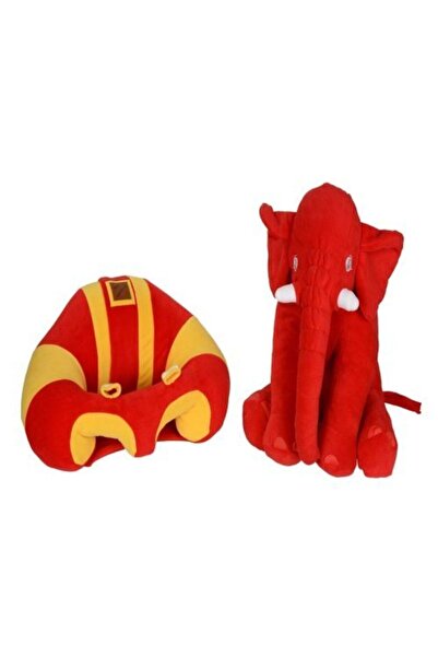 BEBEYATMAZ وسادة جلوس داعمة للأطفال باللون الأحمر والأصفر مع خشخيشة وفيل نوم أحمر