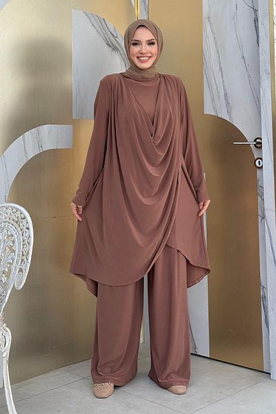 Bym Fashion Σετ Τουνίκ και Παντελόνι με Γιακά Σάλι Asymmetric Cut - Καφέ 8552