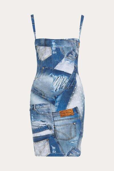 CHIARA FERRAGNI Denim Desenli Streç Mini Elbise