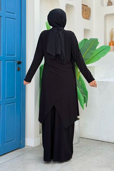 Bym Fashion Σετ παντελόνι και τουνίκ γιακά ασύμμετρου κομμένου σάλι - Μαύρο 8552