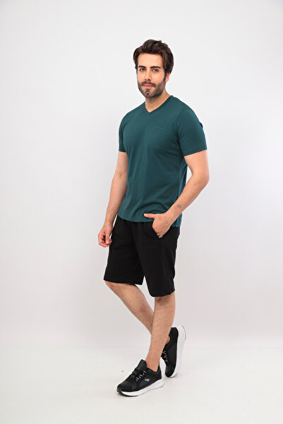 FORE SPORT Men's V-Neck Green Black T-Shirt and Shorts - Pocket Zippered Bottom Top Set