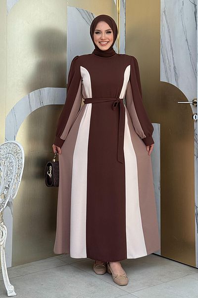 Bym Fashion Καφέ φόρεμα με τρίχρωμη ζώνη μέσης 3901