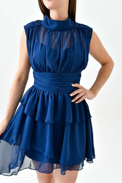 WOMAN VISION Mini rochie fără mâneci pentru femei, albastru bleumarin, din șifon, cu guler în picioare, cu detaliu pliat 093