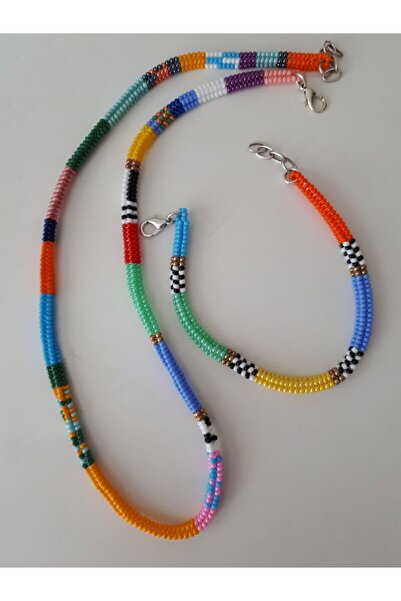 boncuktanseyler El Yapımı Renkli Zippy Boncuk Kolye ve Bileklik 2'li  SetTakım