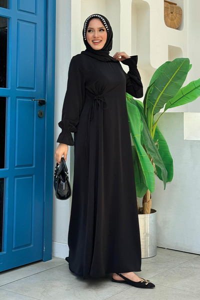 Bym Fashion Black Single Side Side Drawstring Dress - 6017