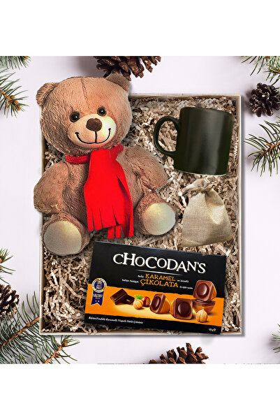 onehediye Peluş Ayıcık Siyah Kupa Chocodans lı Çaylı Hediye Kutusu