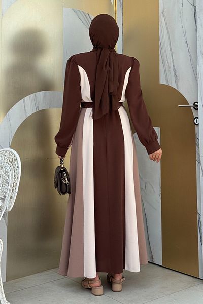 Bym Fashion Καφέ φόρεμα με τρίχρωμη ζώνη μέσης 3901