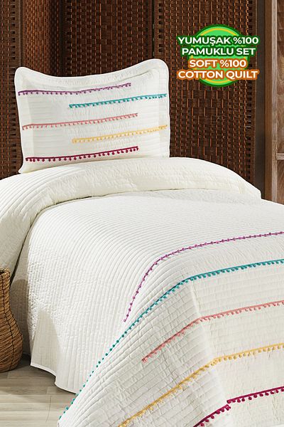 Evlen Home Collection Nova Colorful Pompom 100% Cotton Single Bedspread (Pique) Set