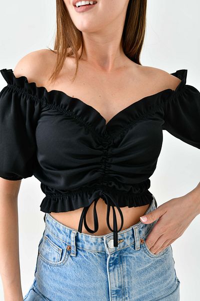lovebox Carmen Collar Gathered Black Crop Μπλούζα - Ύφασμα κρεπ, κοντό μανίκι 5027